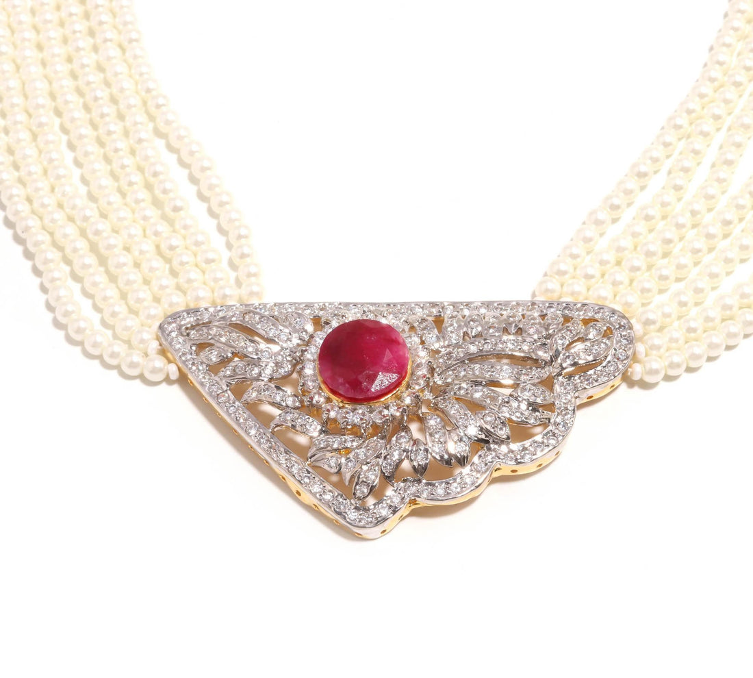 Pearl Multi Layer Choker Necklace Set with Ruby | 22K Gold Plated CZ Jewelry | Wedding Necklace | Gift For Her | Indian Statement Choker — 3