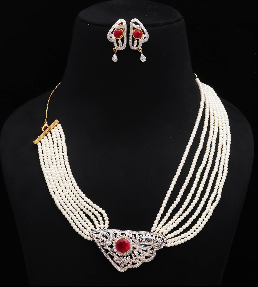 Pearl Multi Layer Choker Necklace Set with Ruby | 22K Gold Plated CZ Jewelry | Wedding Necklace | Gift For Her | Indian Statement Choker — 2