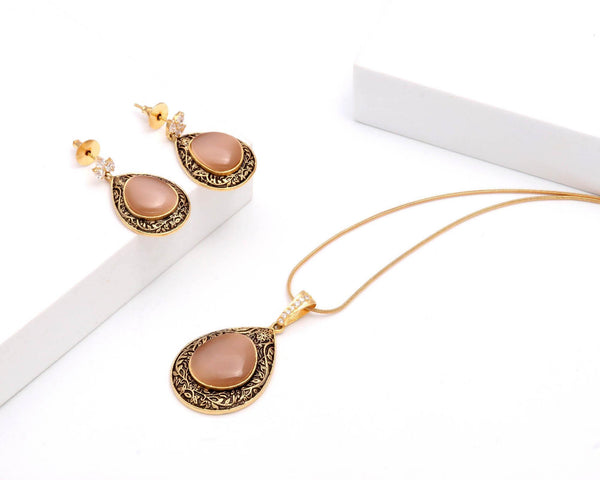Antique Gold Plated Peach Pendant Set | 22K Gold Plated Cabochon Pendant Necklace & Earrings | Vintage Statement Jewelry | Gift For Women