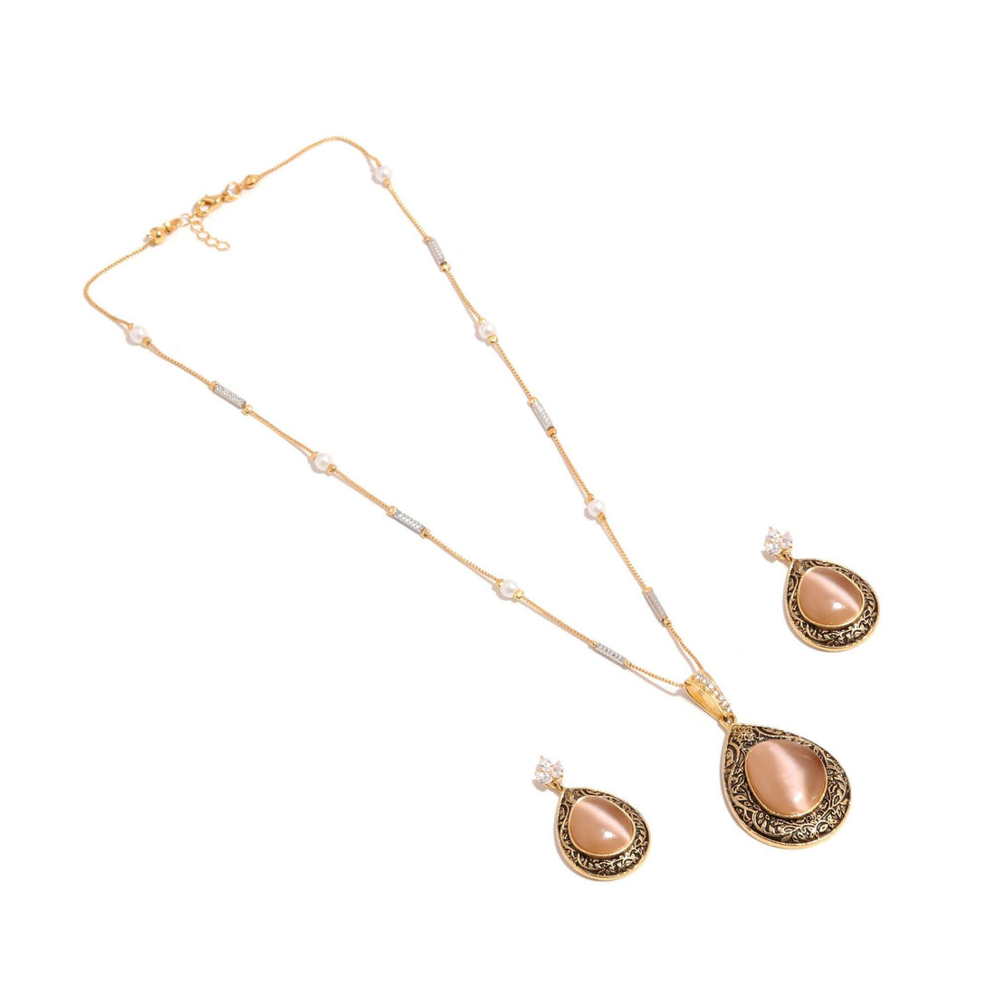 Antique Gold Plated Peach Pendant Set | 22K Gold Plated Cabochon Pendant Necklace & Earrings | Vintage Statement Jewelry | Gift For Women — 6