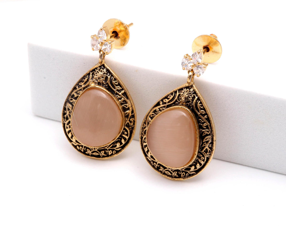 Antique Gold Plated Peach Pendant Set | 22K Gold Plated Cabochon Pendant Necklace & Earrings | Vintage Statement Jewelry | Gift For Women — 4