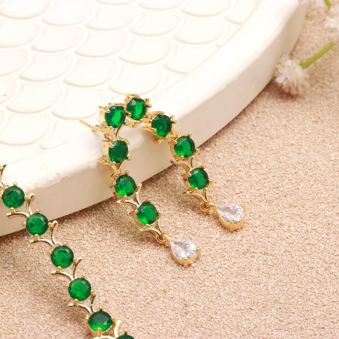Emerald Green Necklace Set | 22K Gold Plated Minimal Jewelry |Green Stone Bridal Necklace |Wedding Necklace Set |Gift for Her |Brass Jewelry — 3