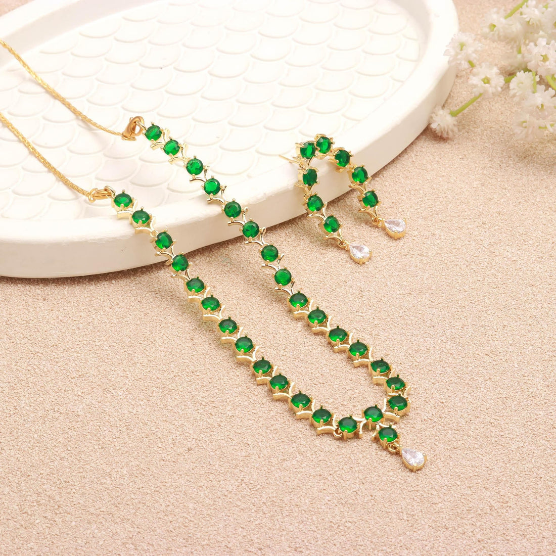 Emerald Green Necklace Set | 22K Gold Plated Minimal Jewelry |Green Stone Bridal Necklace |Wedding Necklace Set |Gift for Her |Brass Jewelry