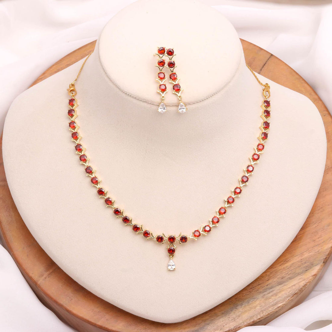 Garnet Necklace Set | 22K Gold Plated Red Gemstone Jewelry | Statement Necklace | Bridal Jewelry Set | Gift for Her | Brass Necklace — 3