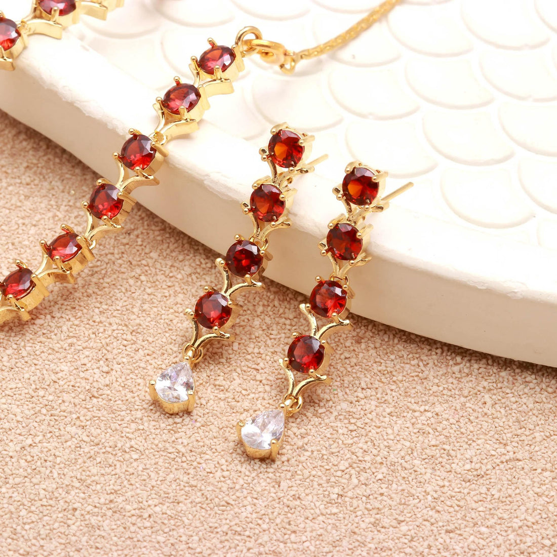 Garnet Necklace Set | 22K Gold Plated Red Gemstone Jewelry | Statement Necklace | Bridal Jewelry Set | Gift for Her | Brass Necklace — 2