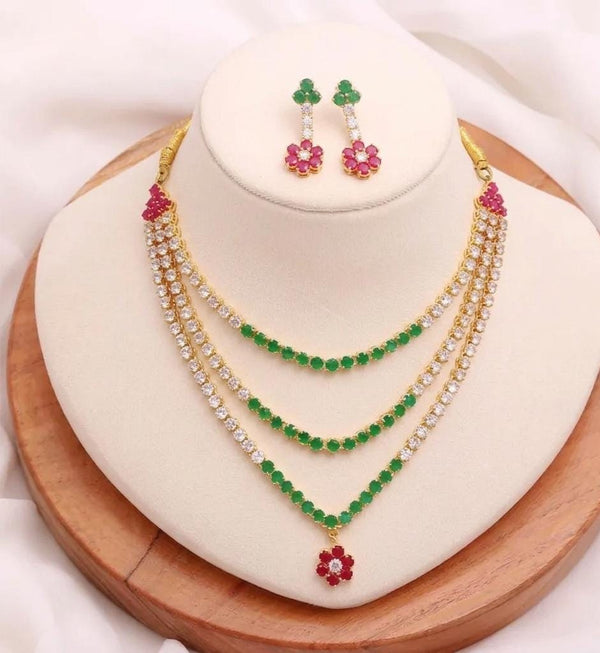 22K Gold Plated Ruby & Emerald CZ Necklace Earrings Set | Layered Big Stone Bridal Tennis Jewelry | Gift For Her | Indian Bridal Jewelry