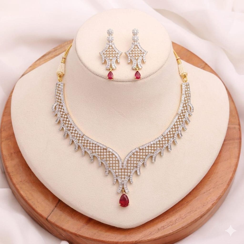 CZ Diamond Ruby Necklace Earrings Set | Gold Plated Evening Party Jewelry | Bridal Red Stone Choker | Gift For Women