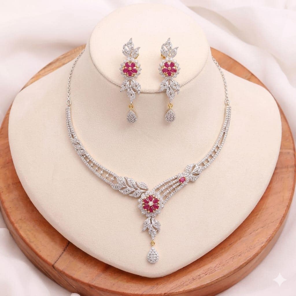 Ruby Flower CZ Necklace Set | Silver Plated Bridal Wedding Jewelry | Real Diamond Statement Necklace with Earrings | Gift For Her