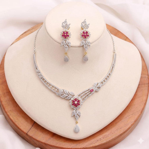 Ruby Flower CZ Necklace Set | Silver Plated Bridal Wedding Jewelry | Real Diamond Statement Necklace with Earrings | Gift For Her