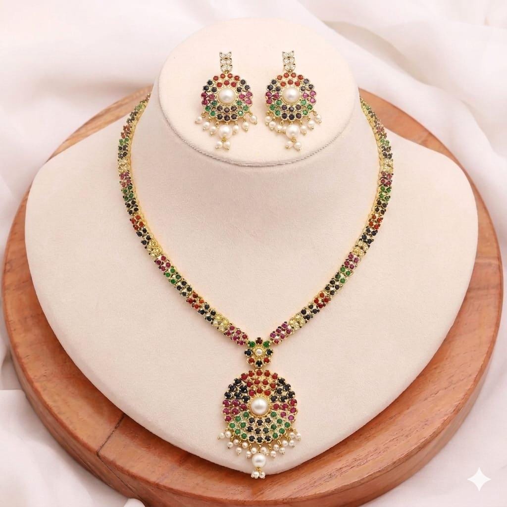 South Indian Sapphire Necklace | 22K Gold Plated Navratna Bridal Jewelry | Traditional Wedding Statement Necklace | Gift For Her