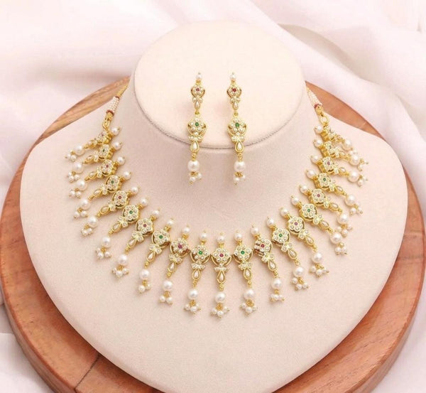 South Indian Ruby Emerald Pearl Long Necklace | Gold Plated Traditional Haram | Bridal Wedding Necklace | Engagement Jewelry | Gift for Her