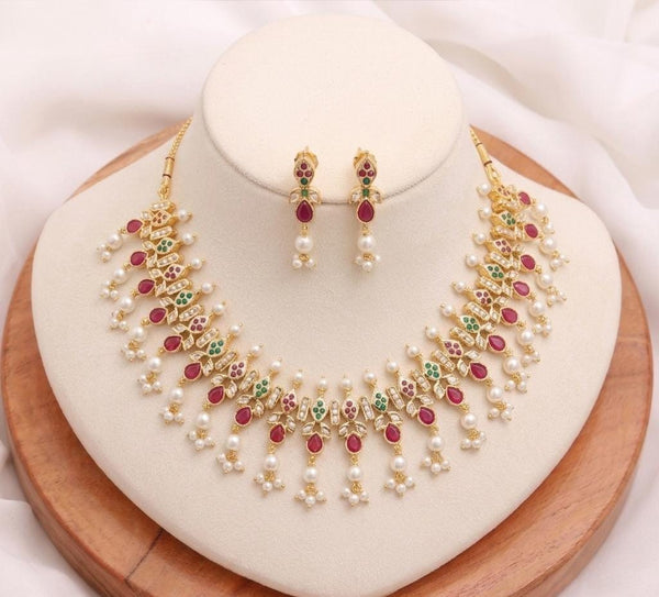 Gold Plated Ruby Bridal Necklace Set | South Indian Wedding Jewelry | Gift For Her | Traditional Necklace  | Engagement Necklace