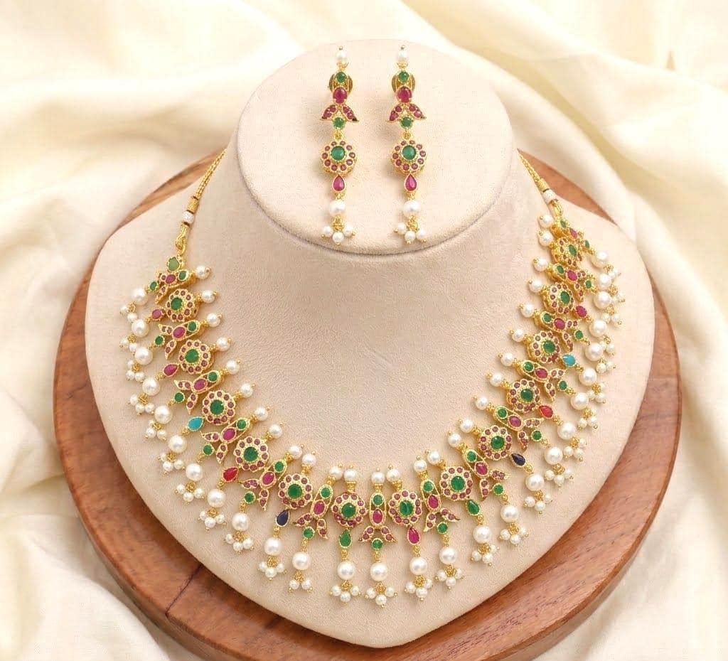 Gold Plated Ruby Necklace Set | South Indian Bridal Wedding Necklace  | Traditional Jewelry | Ethnic Statement Necklace | Gift For Her
