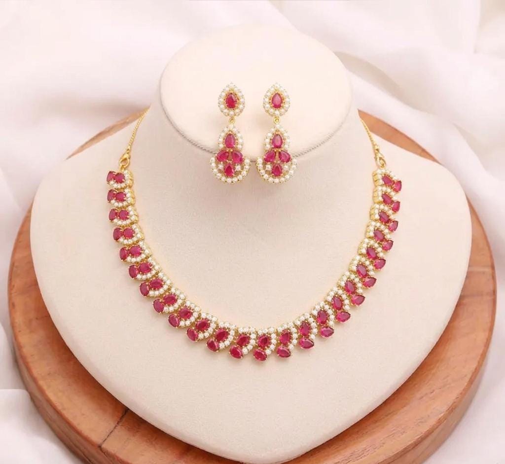 Rubellite Emerald Necklace | 22K Gold Plated Indian Jewelry | Statement Bridal Necklace | Gift For Her | Bridal Jewelry Set