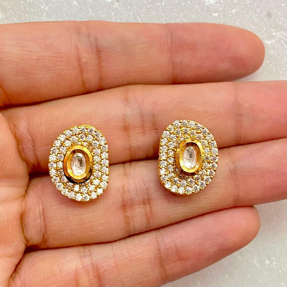 Semi Round White Polki Ruby Stud Earrings | 22K Yellow Gold Plated Bridal Jewelry | Traditional Indian Wedding Earrings | Gift For Women — 3