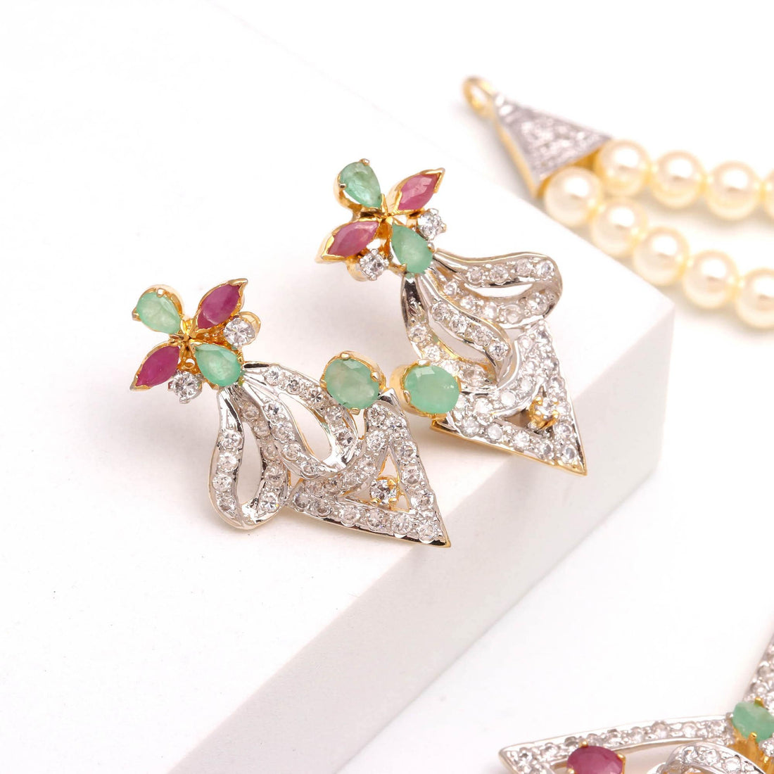 Two Line Pearl Necklace Set | 22K Gold Plated Star Emerald Ruby CZ Jewelry |Bridal  Wedding Necklace |Traditional Jewelry |Gift For Her — 3