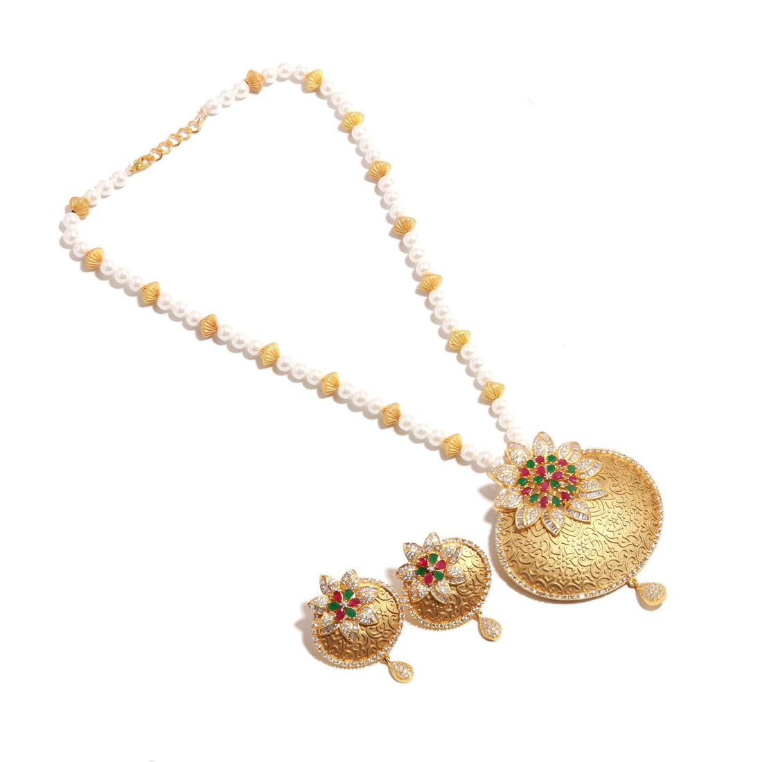 Antique Rajwadi Pearl Necklace Set | 22K Gold Plated Multicolor CZ Bridal Jewelry | Traditional Indian Wedding Necklace | Gift For Women — 4