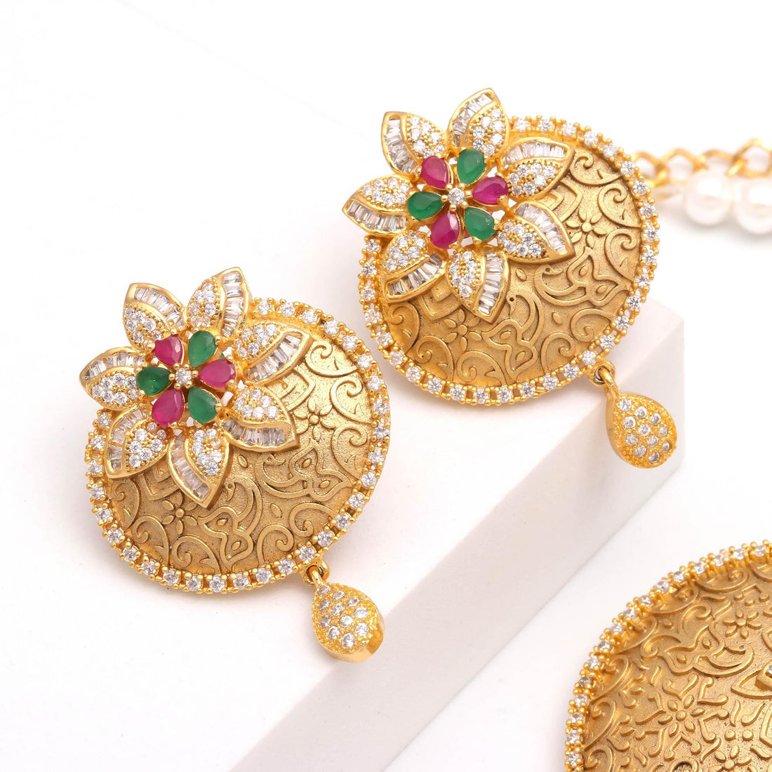 Antique Rajwadi Pearl Necklace Set | 22K Gold Plated Multicolor CZ Bridal Jewelry | Traditional Indian Wedding Necklace | Gift For Women — 3