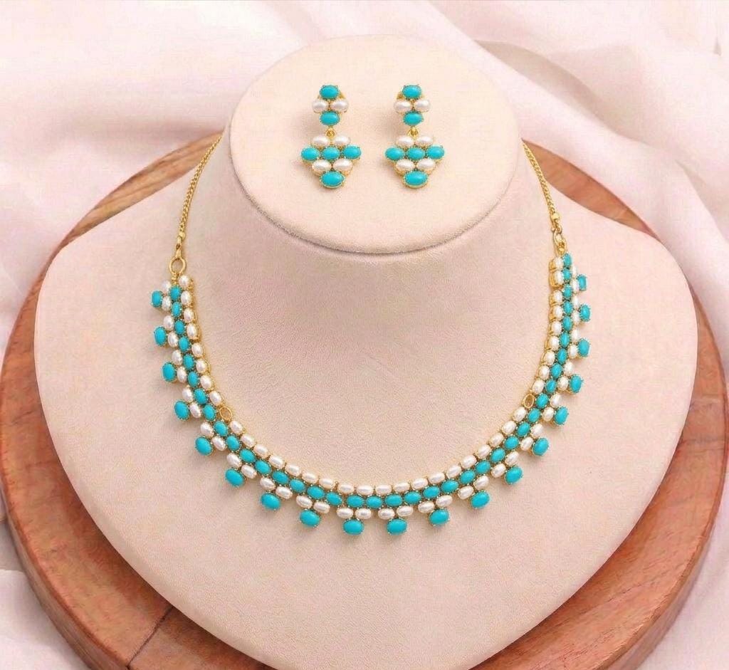 Gold Plated Multicolor Gemstone Bridal Necklace| Turquoise Coral Ruby Emerald Sapphire Wedding Jewelry | Gift For Her | Traditional Necklace