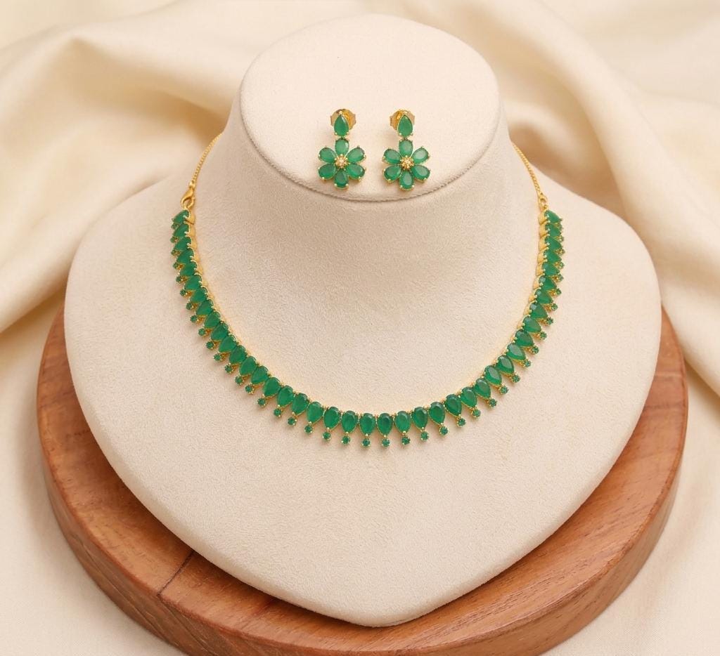 Ruby Emerald Gold Plated Necklace | South Wedding Jewelry | Traditional Bridal Temple Necklace | Ethnic Statement Jewelry | Gift for Her