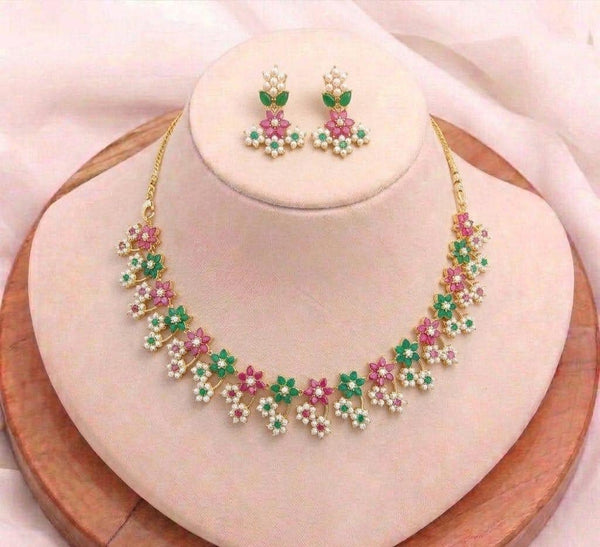 Gold Plated Multicolor Stone & Pearl Necklace Set | Indian Bridal Wedding Jewelry | Traditional Ethnic Statement Necklace | Gift For Her