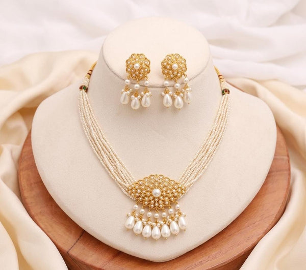 Gold Pearl Choker Necklace Set | Kundan Inspired Multi Strand Beaded Necklace | Handmade Indian Bridal Statement Jewelry with Earrings