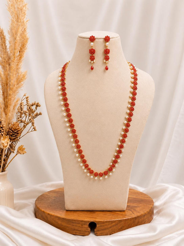 Red Coral & Pearl Necklace Set | 22K Gold Plated Indian Bridal Temple Jewelry | Wedding Necklace | Statement Necklace | Gift For Her