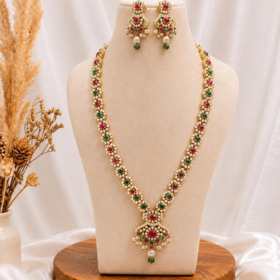 South Indian Ruby Emerald Pearl Long Necklace | Gold Plated Traditional Haram | Bridal Wedding Engagement Jewelry | Gift for Her