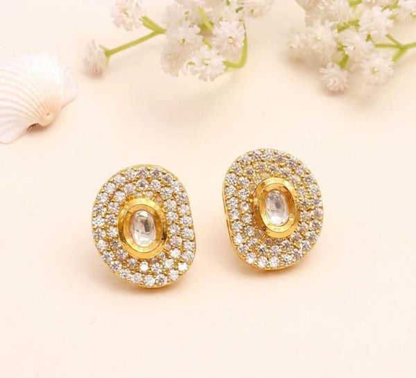 Semi Round White Polki Ruby Stud Earrings | 22K Yellow Gold Plated Bridal Jewelry | Traditional Indian Wedding Earrings | Gift For Women