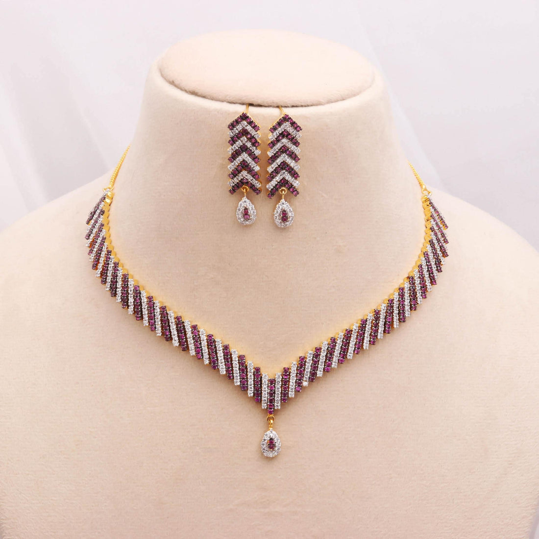 Geometric Collar Necklace Set | 22k Gold Plated Pink Ruby CZ Bridal Jewelry | Wedding Statement Choker | Gift For Women |Engagement Necklace — 2
