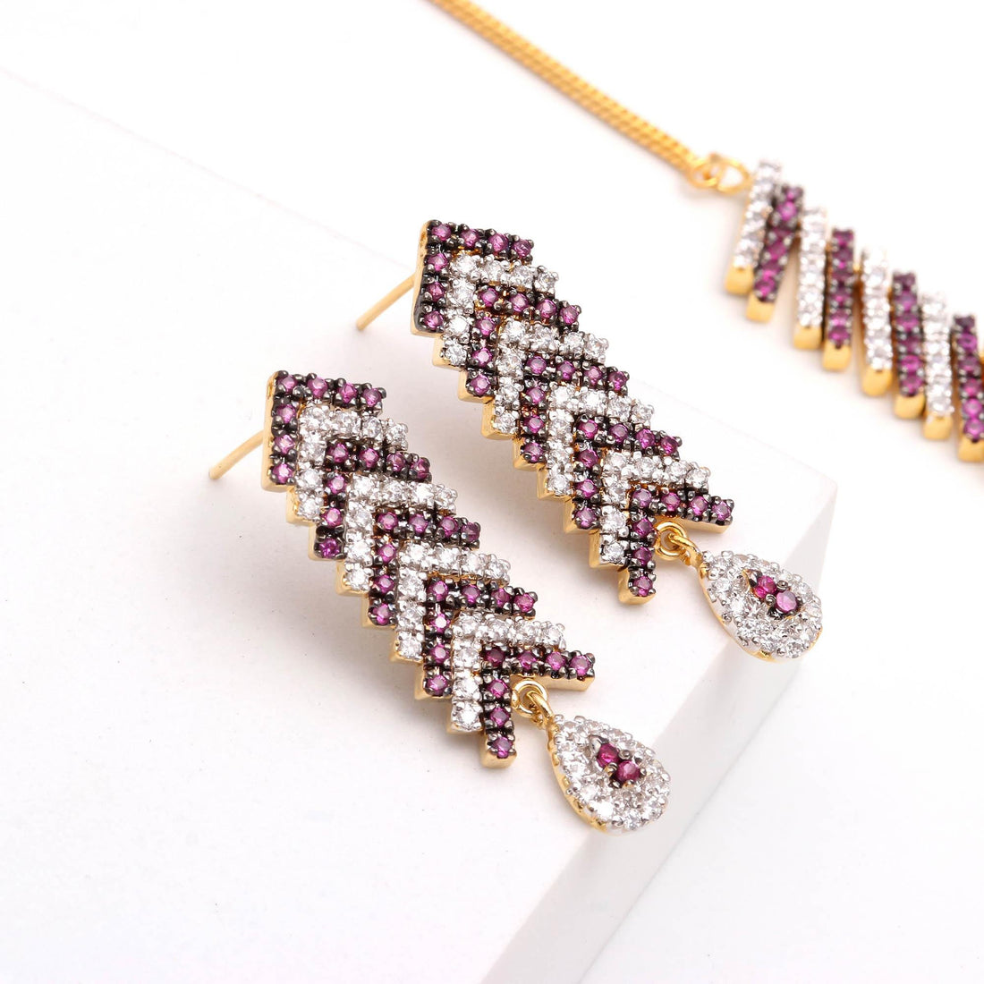 Geometric Collar Necklace Set | 22k Gold Plated Pink Ruby CZ Bridal Jewelry | Wedding Statement Choker | Gift For Women |Engagement Necklace — 3