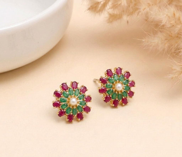 Handcrafted Ruby Green Floral Stud Earrings | Gold-Plated Jewelry | Festive Statement Ear Studs