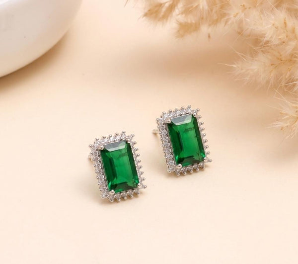 Emerald Stud Earrings | 14K White Gold Plated Dainty Gemstone Earrings | Minimal Everyday Jewelry | Bridal Party Wear Studs | Gift For Her