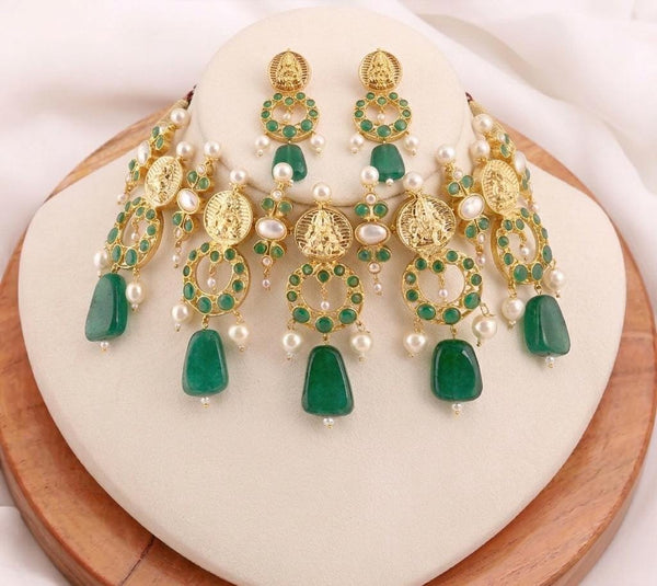 Green Onyx Necklace Set 22K Gold Plated Jewelry | Green Gemstone Necklace & Earrings | Indian Bridal Jewelry Set | Wedding Necklace