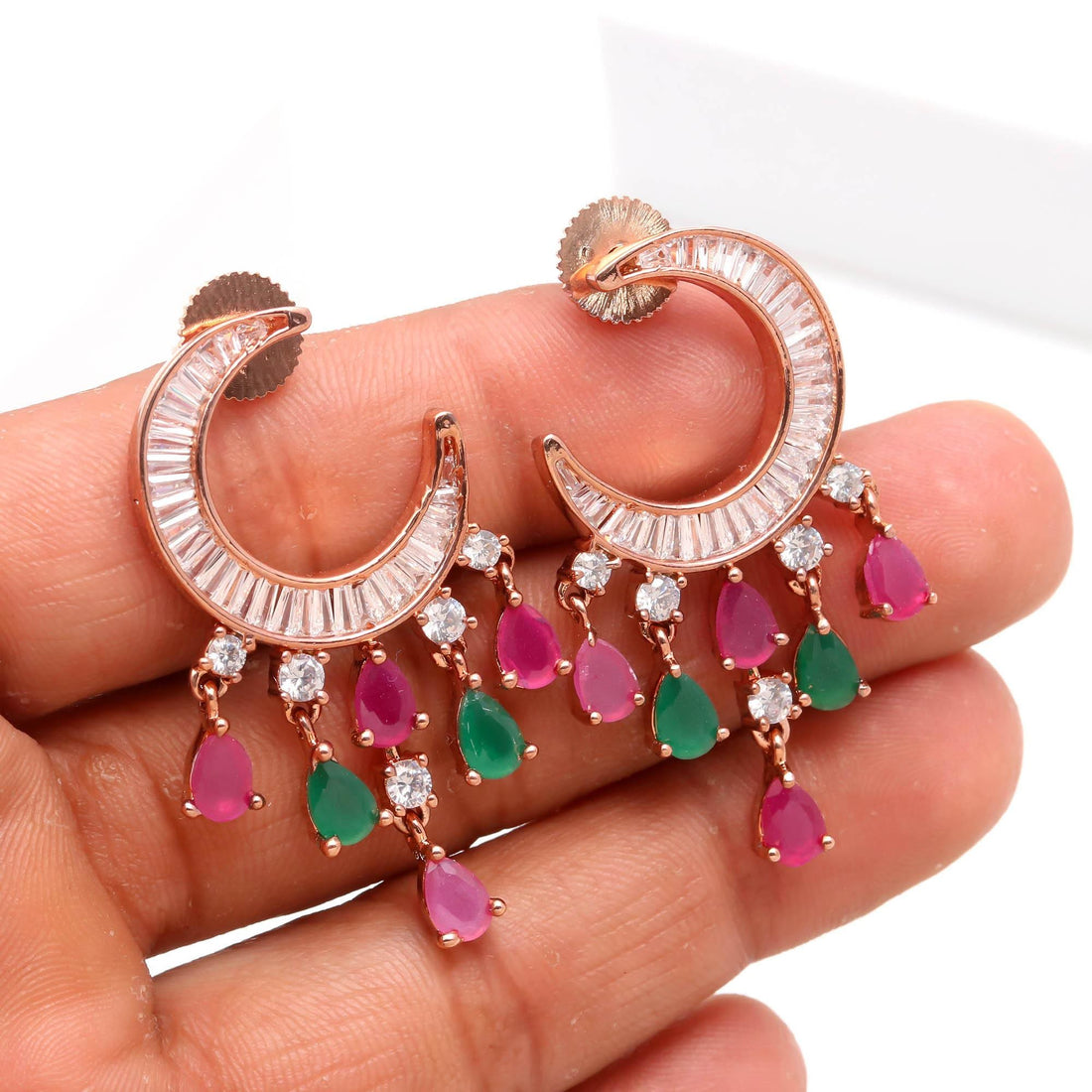 Gemstone Stud Earrings | 14K Rose Gold Plated Ruby Emerald Jewelry | Tiny Helix Tragus Cartilage Earrings | Everyday Studs | Gift For Women — 3