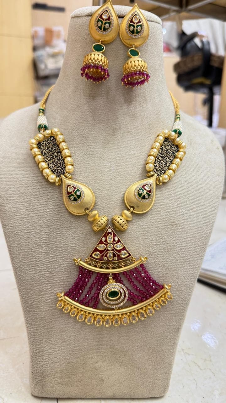 Ruby Emerald Bridal Necklace Set | 22K Gold Plated Luxury Wedding Jewelry | Reception Statement Necklace | Gift For Her | Statement Necklace — 2