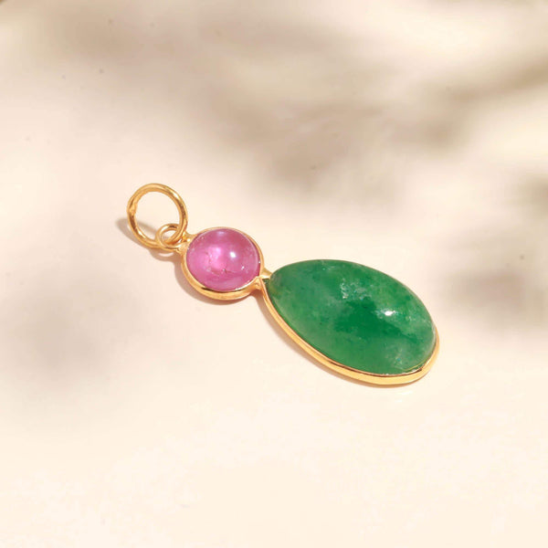 Ruby Aventurine Gold Charm Pendant | 9K Gold Bezel Set Gemstone Charm | Round Pear Cabochon Pendant | Gift For Her | Everyday Jewelry