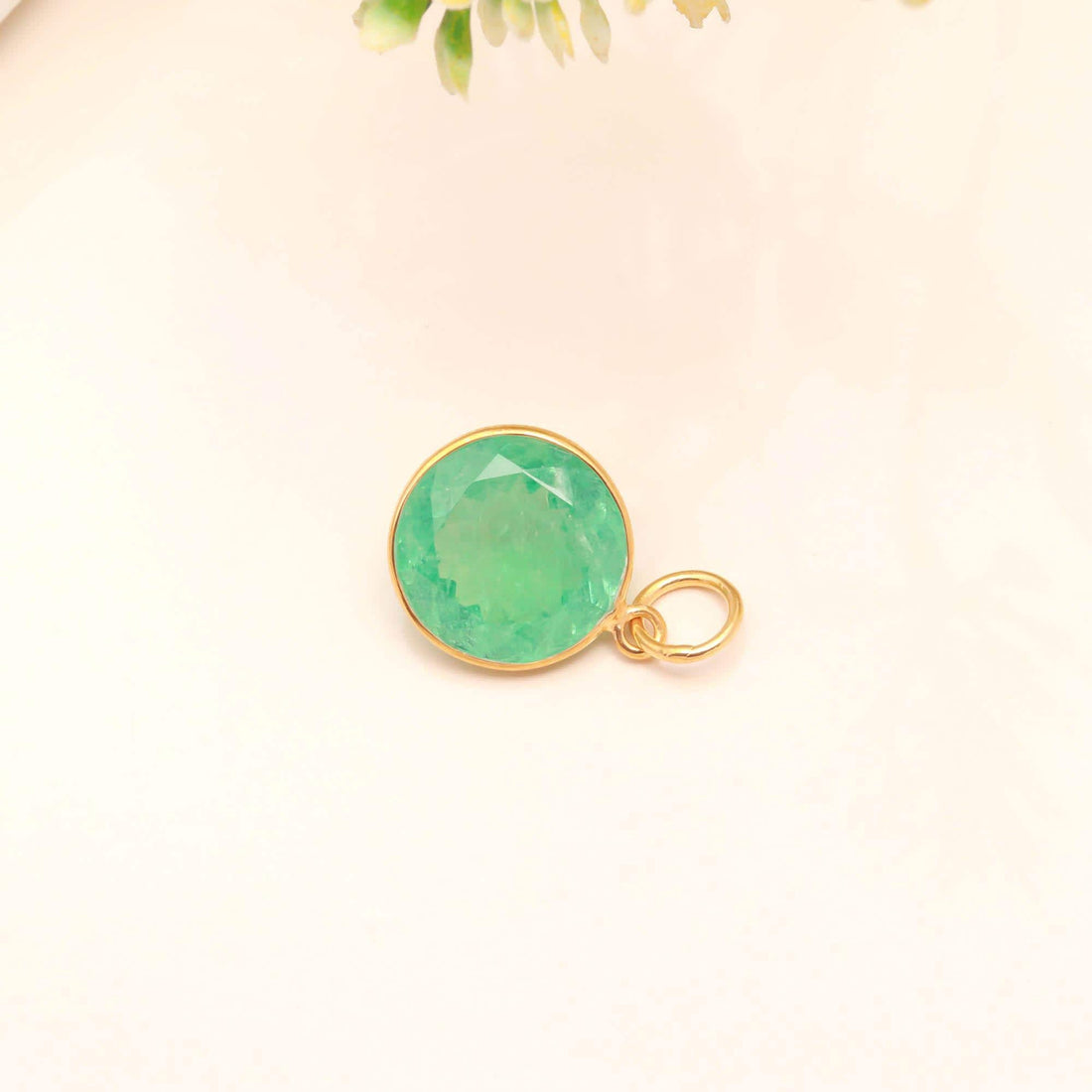 Russian Emerald Gemstone Pendant | 11.5 Ct Round Cut Emerald Charm | 9K Gold Bezel Set Jewelry | Gift For Her | May Birthstone Charm — 4