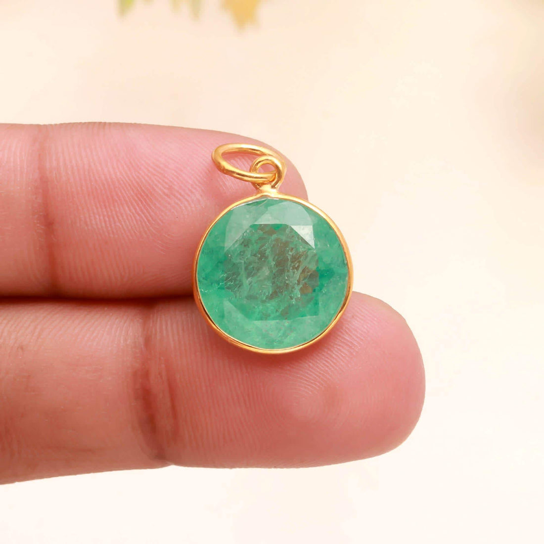 Russian Emerald Gemstone Pendant | 11.5 Ct Round Cut Emerald Charm | 9K Gold Bezel Set Jewelry | Gift For Her | May Birthstone Charm — 6