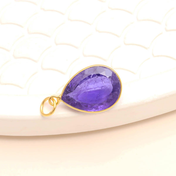 Tanzanite Gold Charm Pendant | 21.5 Ct Tanzanite Pendant | 9K Gold Pear Cut Charm | Bezel Set Tanzanite Jewelry | Gift for Her | Blue Charm