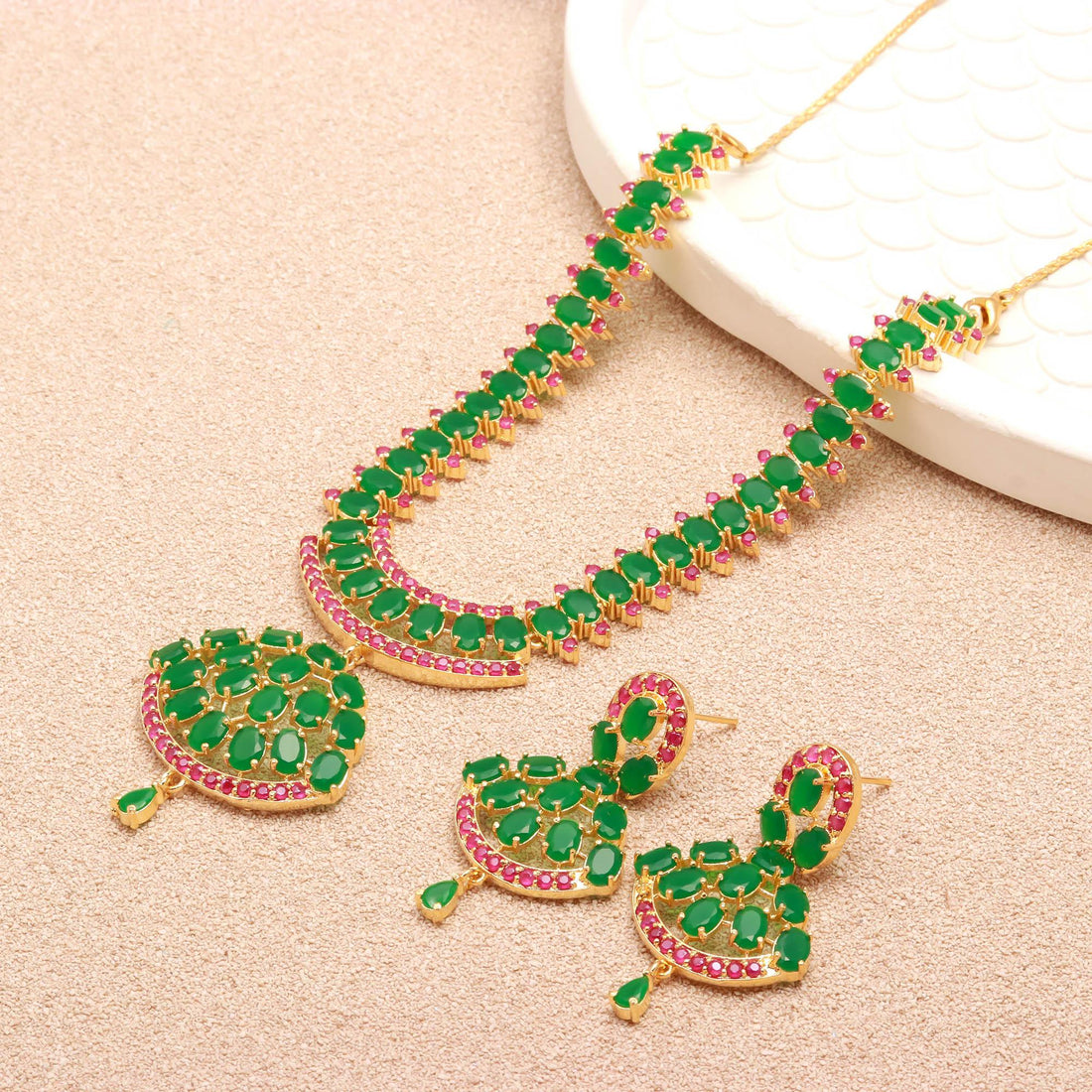 Emerald Green Necklace Set | Oval Cut Ruby Bridal Jewelry |22K Gold Plated Necklace Set |Traditional Jewelry | Gift for Her | Brass Necklace