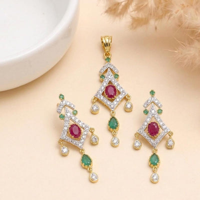 Ruby Emerald CZ Necklace Set | Gold Plated Pendant Jewelry | Gemstone Necklace with Earrings