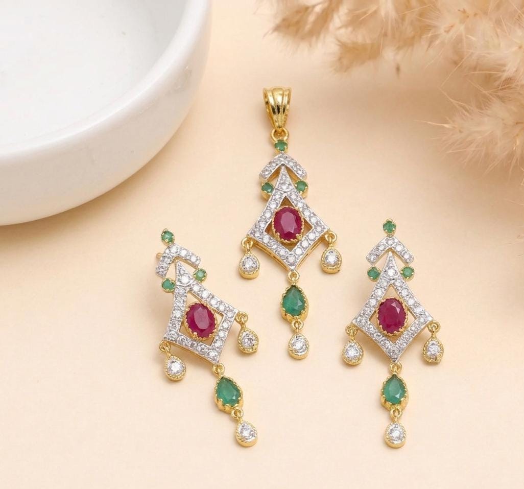 Ruby Emerald CZ Necklace Set | Gold Plated Pendant Jewelry | Gemstone Necklace with Earrings