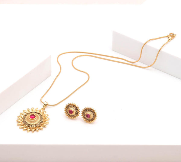 Ruby Sunflower Pendant | 22K Gold Plated Floral Jewelry |Traditional Indian Necklace |Bridal Pendant Jewelry |Wedding Necklace |Gift for Her