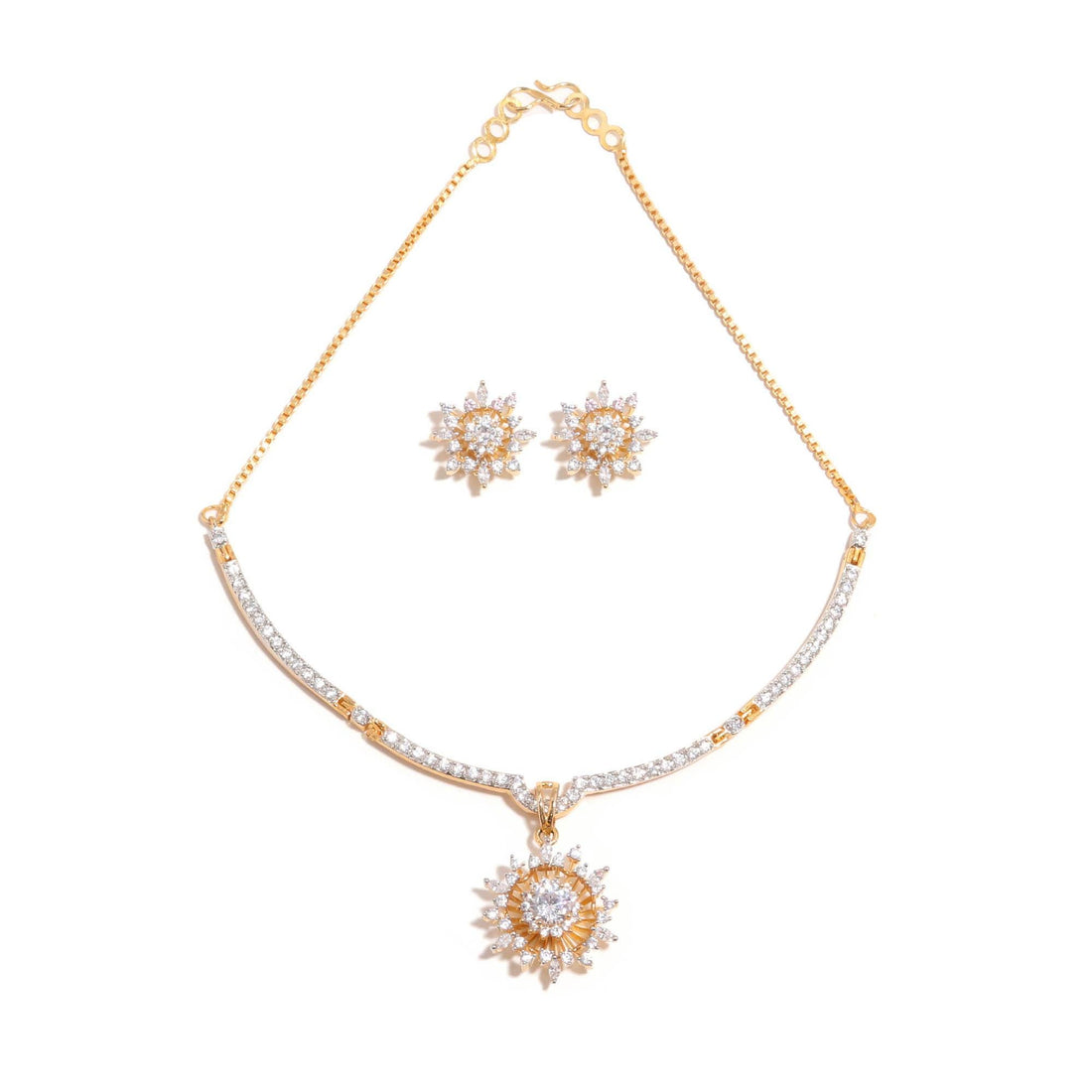 Sunburst Cluster CZ Pendant Set | 22K Gold Plated Pendant Necklace & Earrings | Round Marquise Crystal Jewelry | Bridal Pendant Necklace — 4