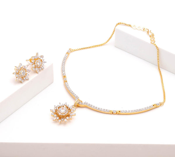 Sunburst Cluster CZ Pendant Set | 22K Gold Plated Pendant Necklace & Earrings | Round Marquise Crystal Jewelry | Bridal Pendant Necklace