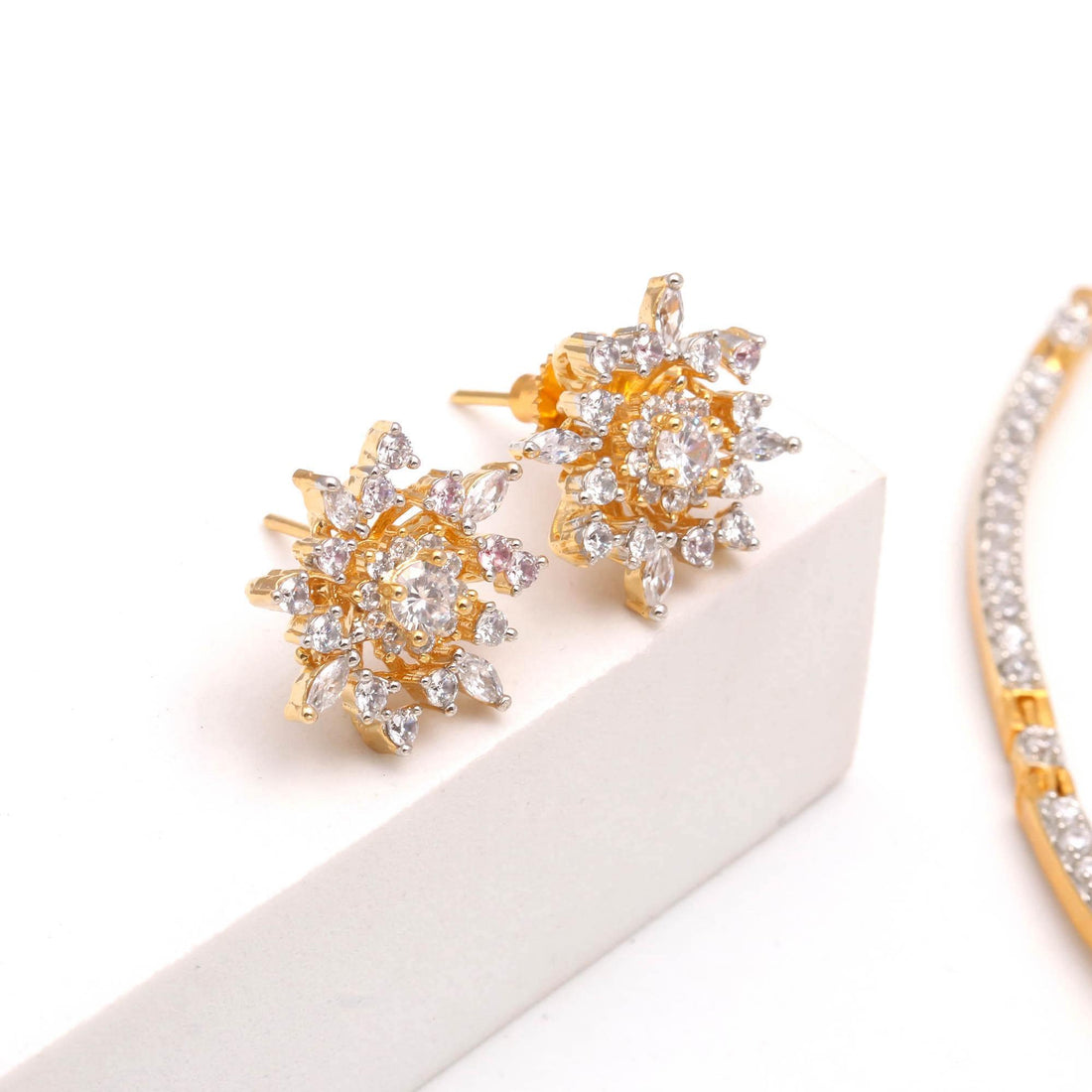 Sunburst Cluster CZ Pendant Set | 22K Gold Plated Pendant Necklace & Earrings | Round Marquise Crystal Jewelry | Bridal Pendant Necklace — 2