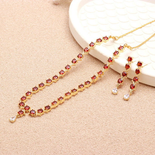 Garnet Necklace Set | 22K Gold Plated Red Gemstone Jewelry | Statement Necklace | Bridal Jewelry Set | Gift for Her | Brass Necklace